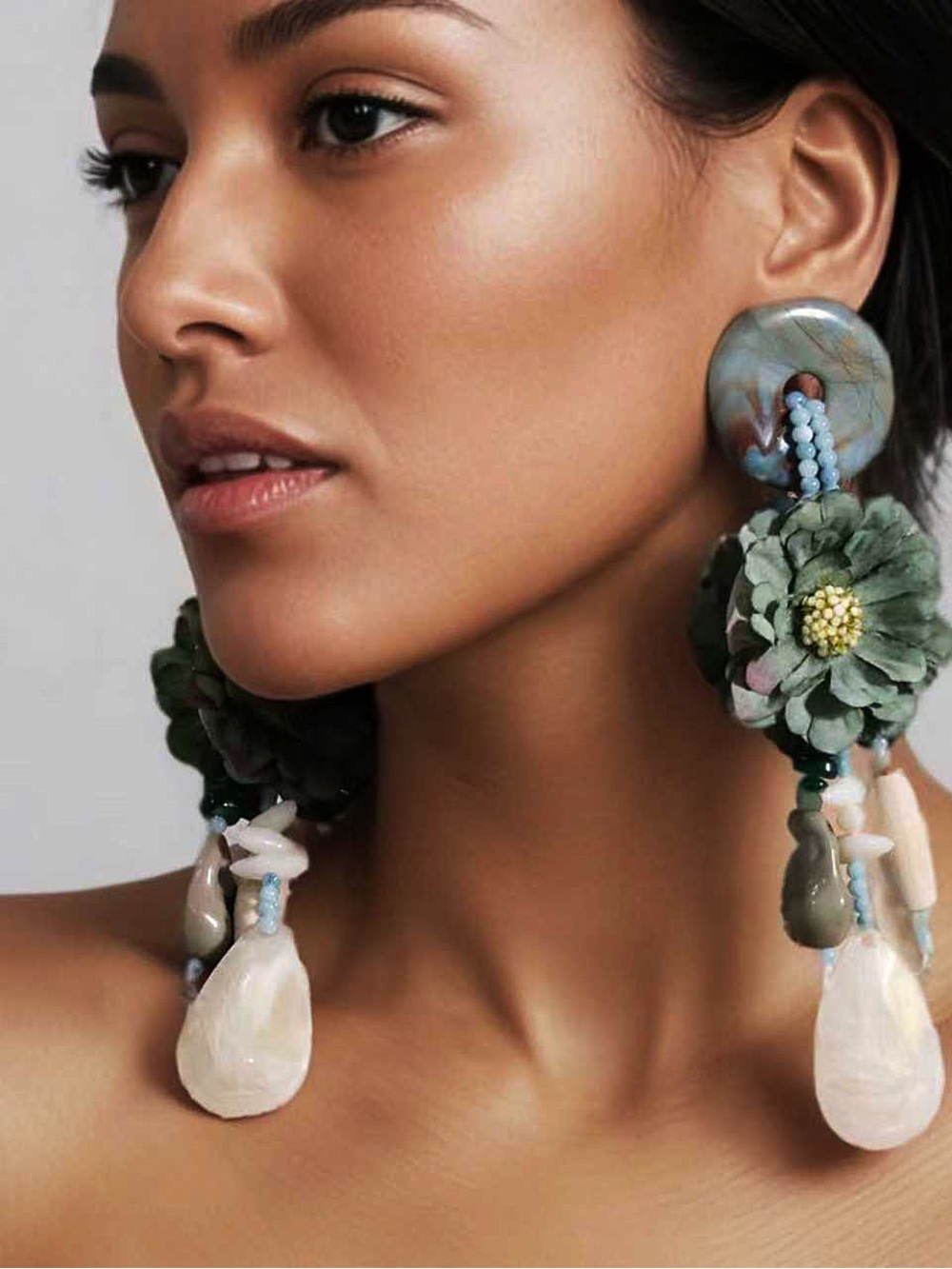 Bohemian Floral Drop Earrings in Green and Ivory